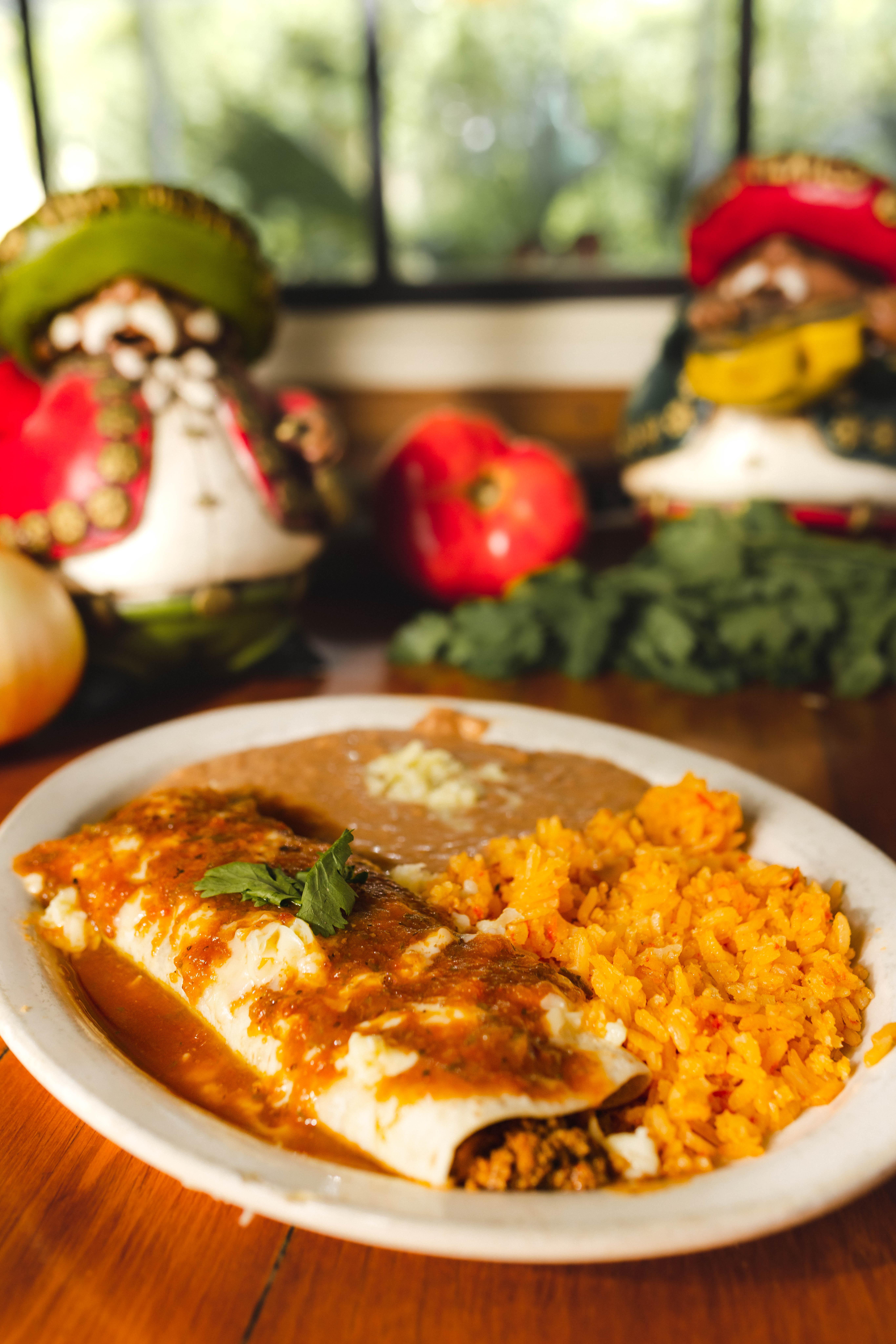 J. 1 Burrito, Rice and Refried Beans