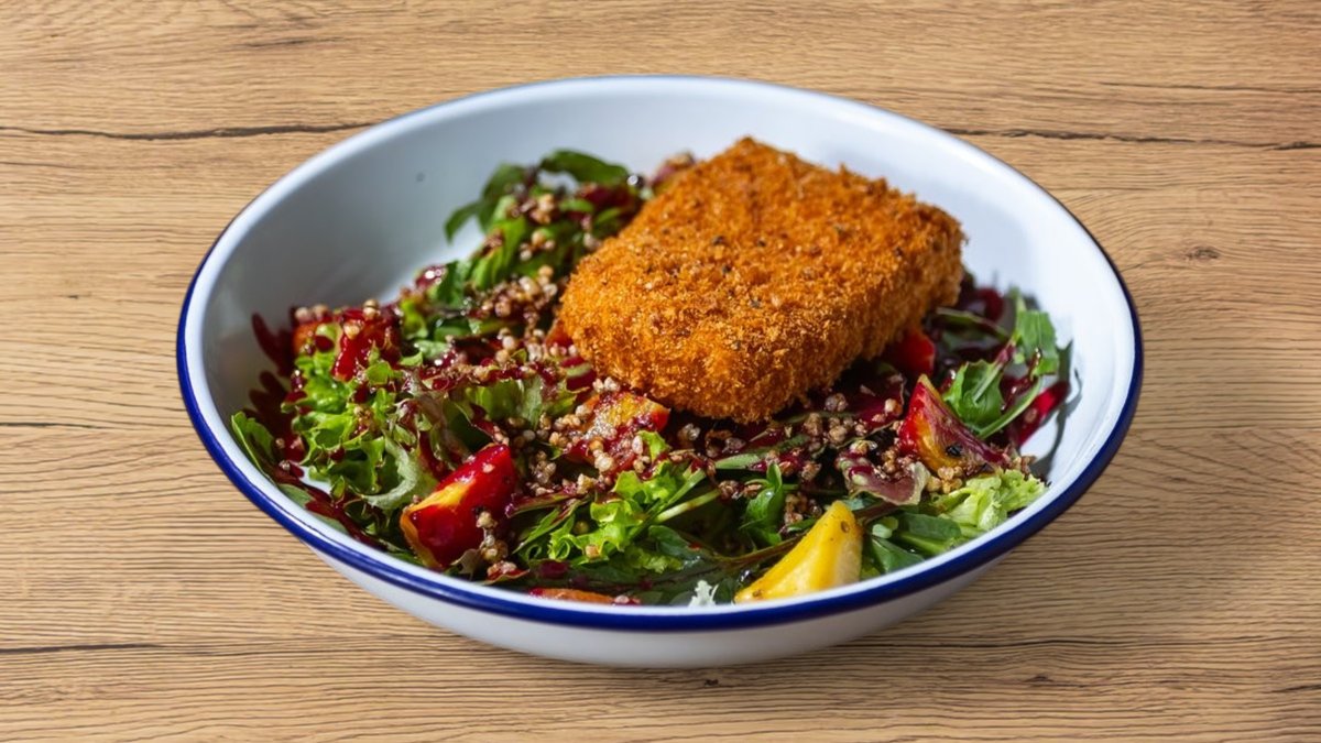 Fried cheese, leaf salads, roasted vegetables, beetroot dressing