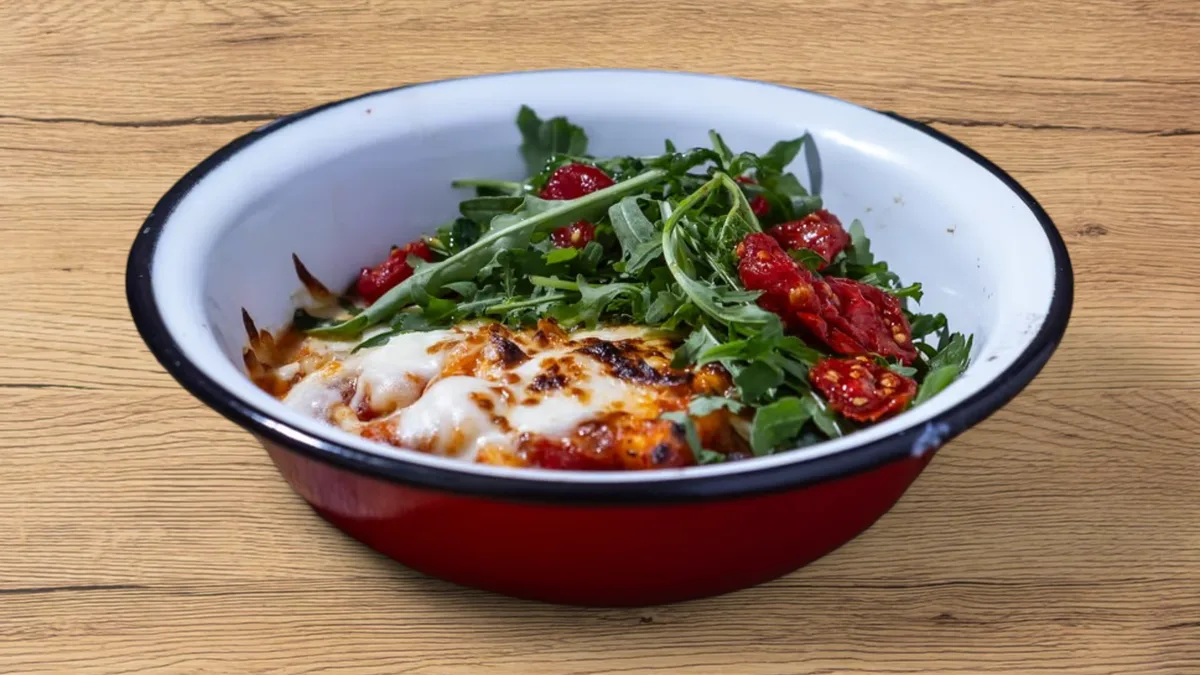 Gnocchi in tomato sauce, smoked mozzarella, arugula
