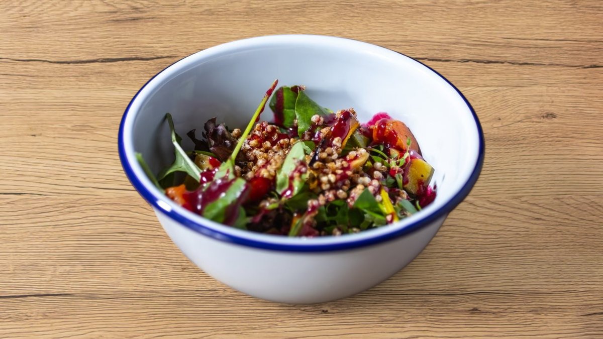 Leaf salad, roasted vegetables, beetroot dressing