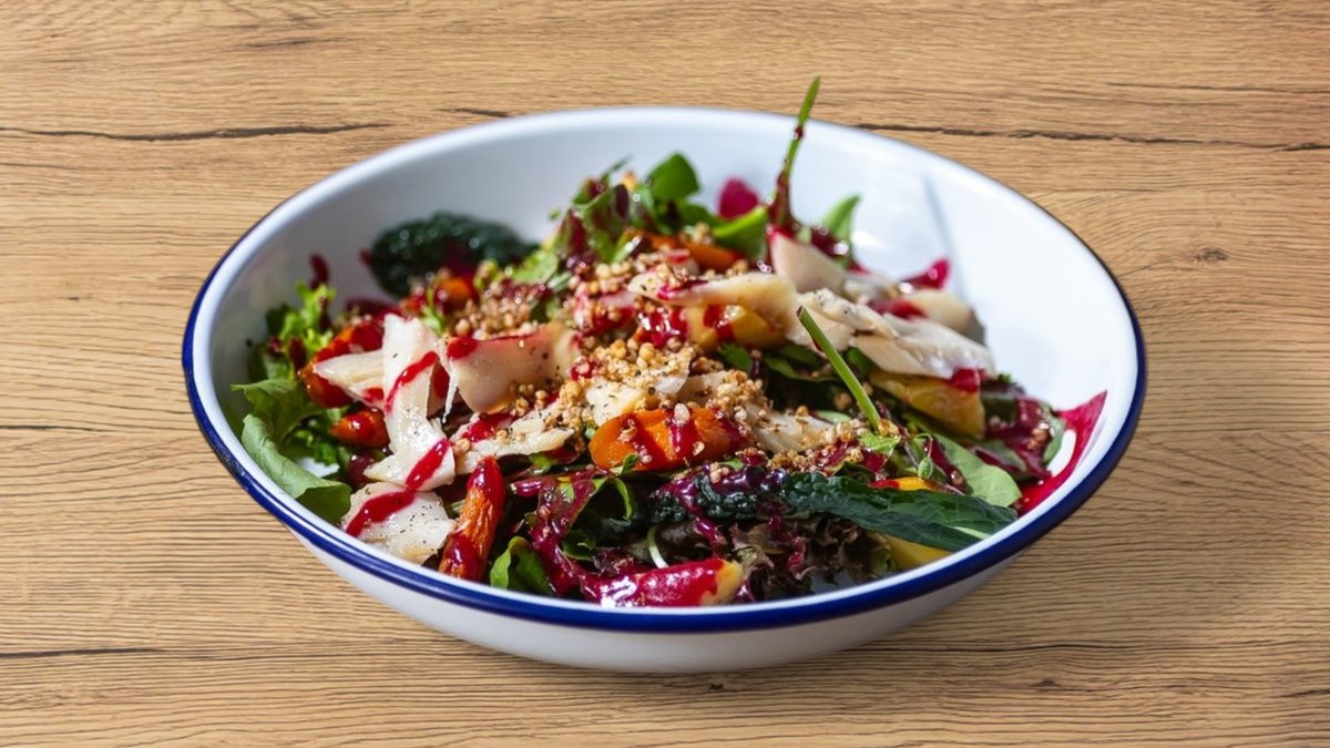Smoked trout, leaf salads, roasted vegetables, beetroot dressing