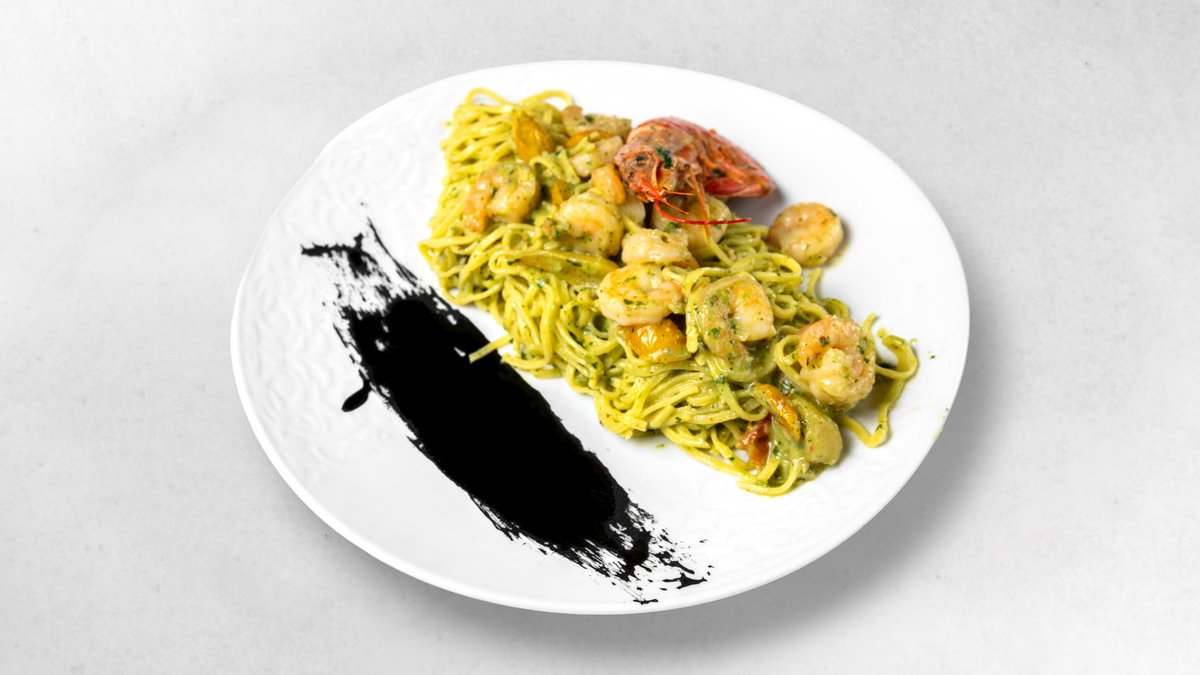Tagliolini con Gamberi e Pesto Genovese