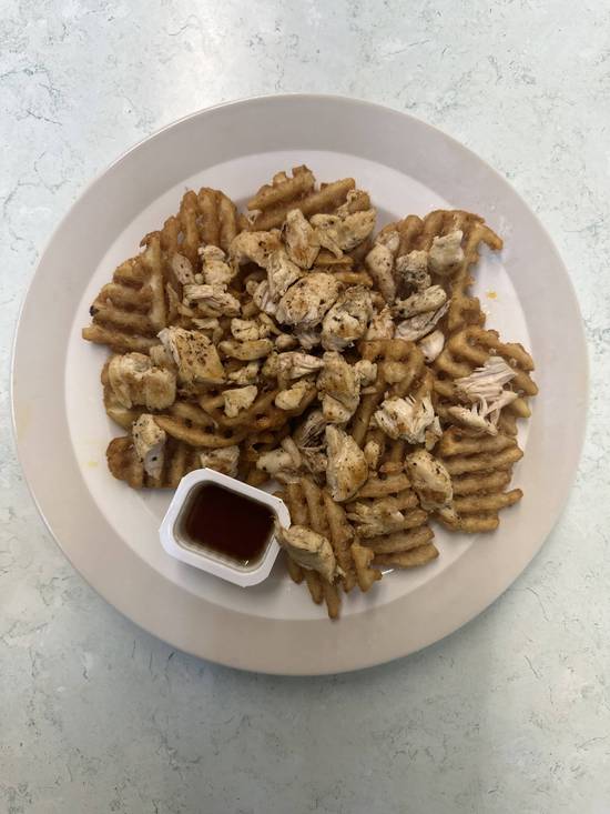 WAFFLE FRIES, CHOP GRILL CHICKEN and SYRUP