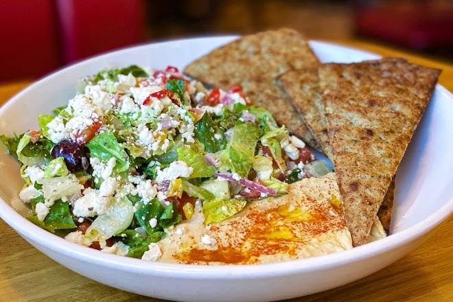 Lemony Hummus Greek Salad and Cauliflower Pita Bowl
