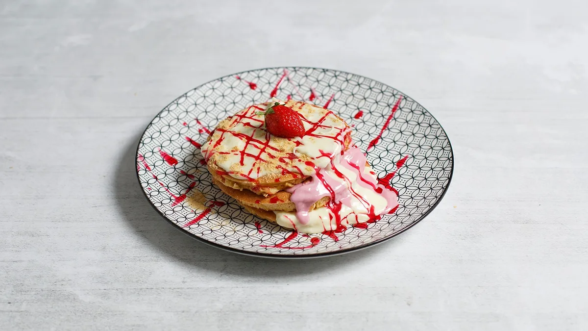 Pancakes With Strawberry Chocolate, White Chocolate and Biscuit
