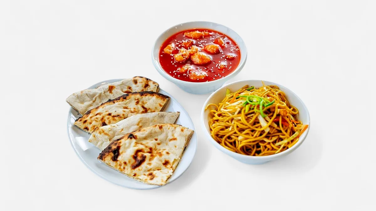 Honey chicken + vegetable noodles  + cheese naan