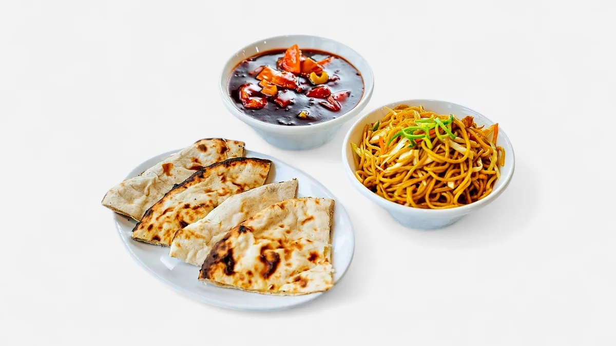 Sweet chilli beef + vegetable noodles + cheese naan