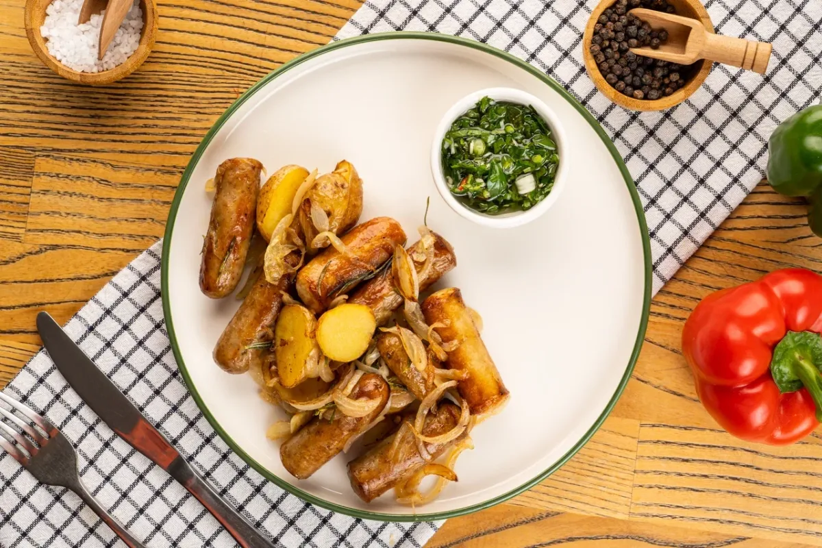 Chicken sausages with potatoes and onions