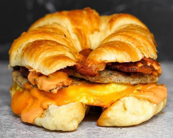 Croissant, Bacon, Sausage, Egg ,and Cheddar