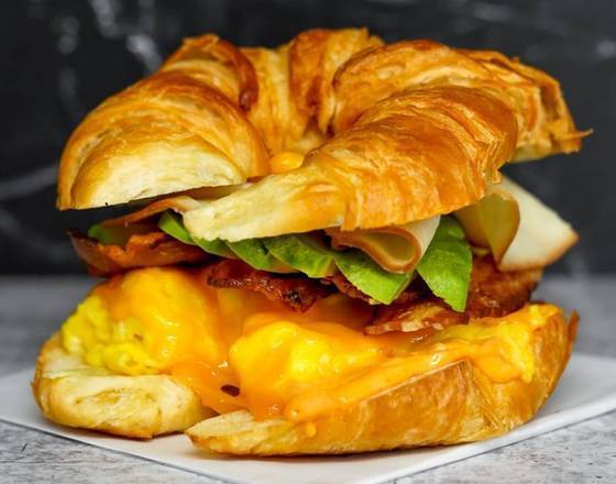 Croissant, Bacon, Turkey, Avocado, Egg, and Cheddar