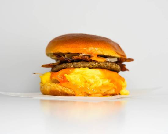 Brioche, Bacon, Sausage, Egg, and Cheddar