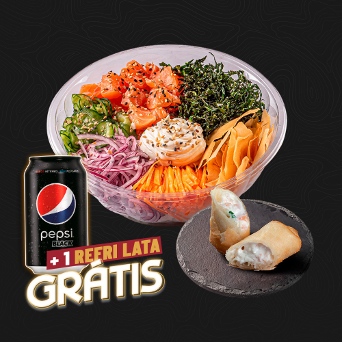 Harumaki de Camarão + Poke Salmão +Refri