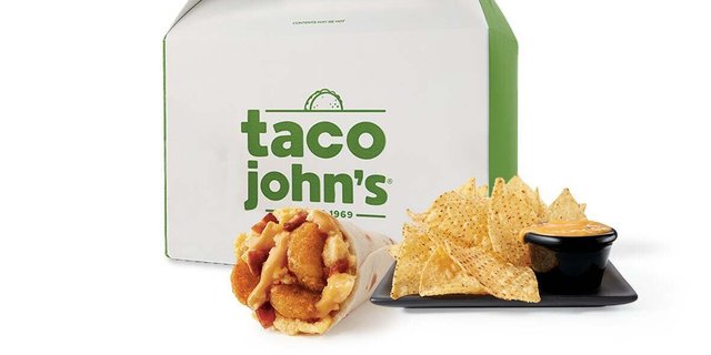 Bacon Meat and Potato Breakfast Burrito Box w/ Bags of Chips and Sides of Nacho Cheese