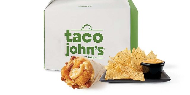 Sausage Meat and Potato Breakfast Burrito Box w/ Bags of Chips and Sides of Nacho Cheese