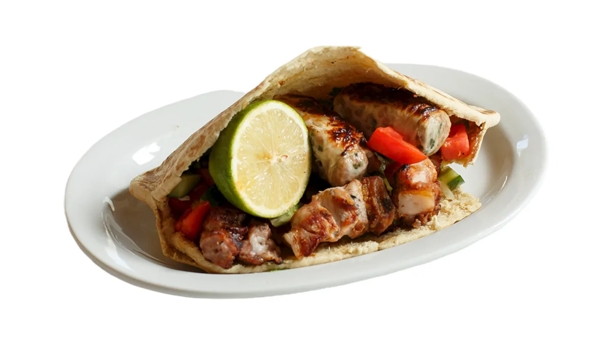 Pork Souvlaki and Sheftalies Cypriot Pita