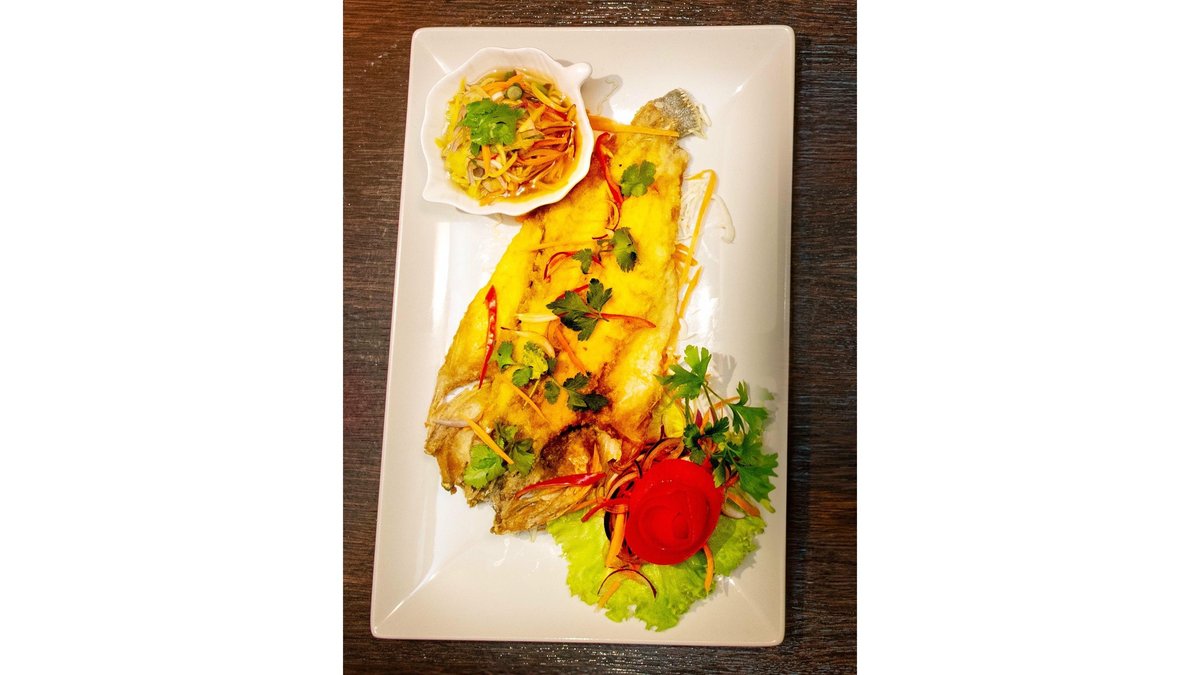 * * DEEP FRIED STRIPED BASS WITH MANGO SALAD