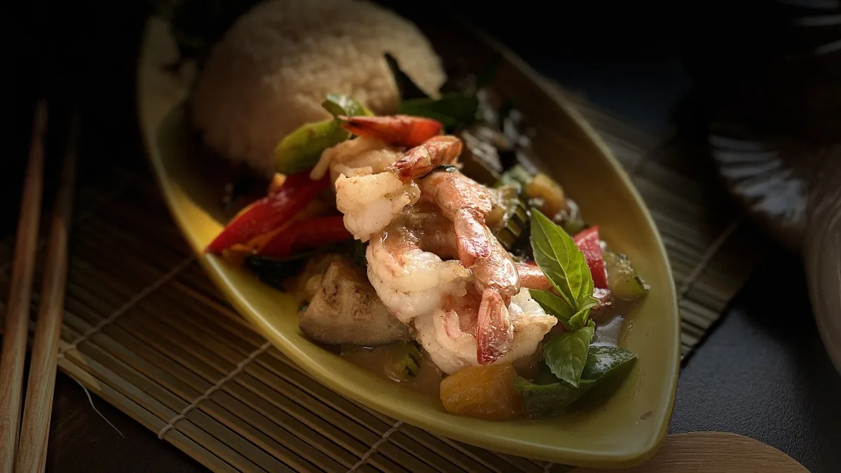 Thai Zöld Curry óriás garnéla rákkal és rizzsel