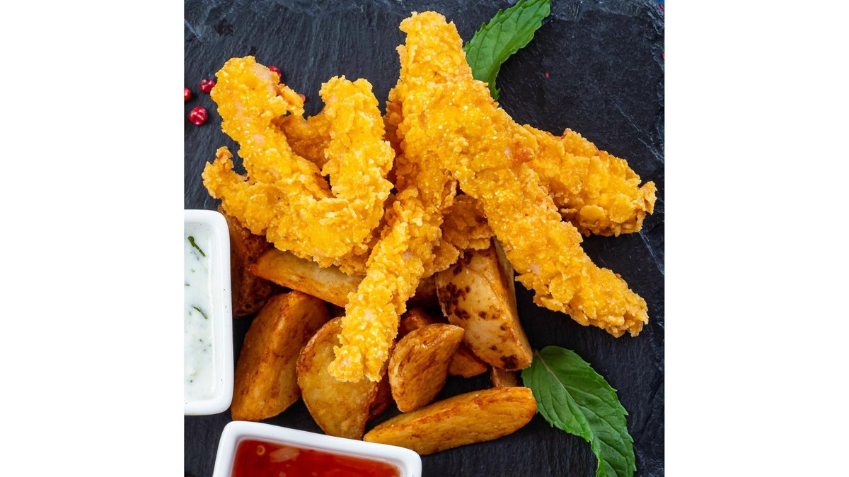 Chicken fingers cu cartofi wedges (de casa) și sos Remoulade