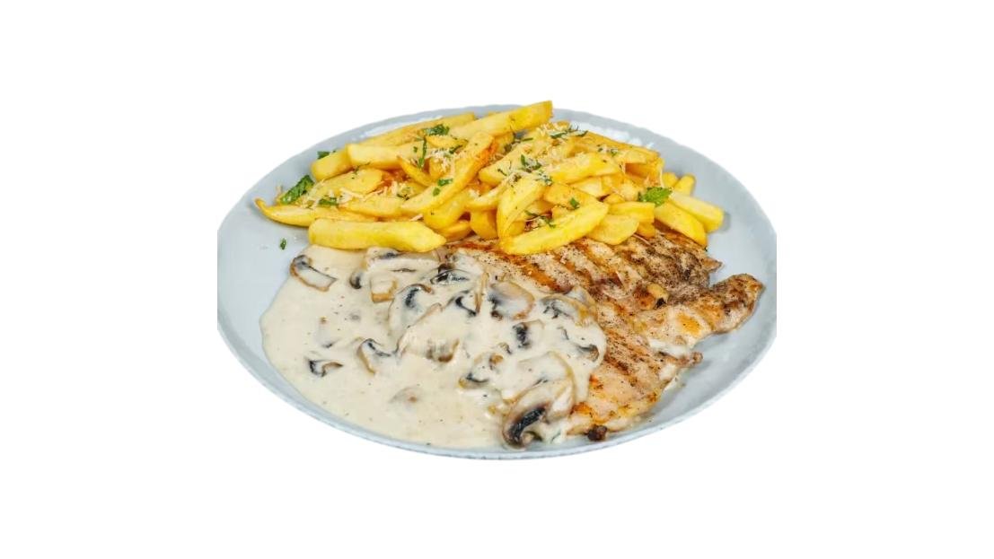 Pui cu sos de smântână and ciuperci cu cartofi aromatizați