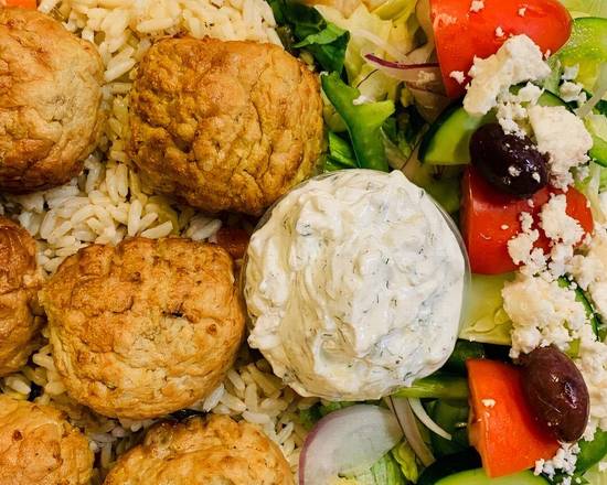 Bifteki Platter (Greek Meatballs) (w/Greek Salad, Rice or Fries, Tzatziki and Pita)