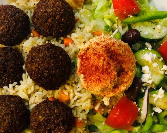 Falafel Platter (w/Greek Salad, Rice or Fries, Tzatziki and Pita)