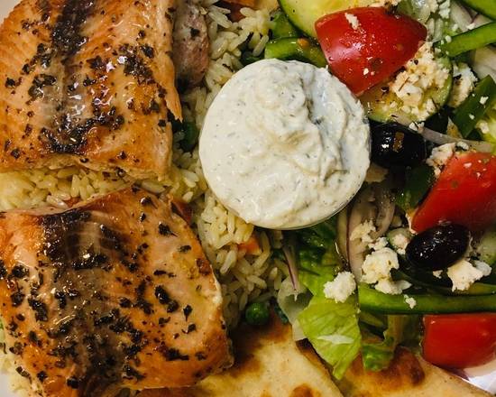 Wild Salmon Platter (w/Greek Salad, Rice or Fries, Tzatziki and Pita)