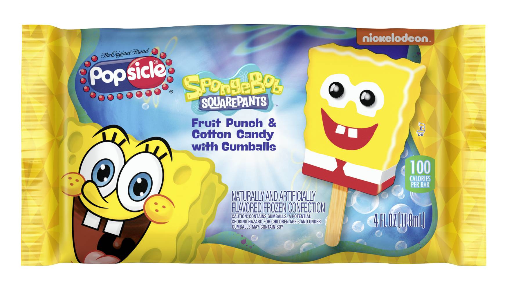 Popsicle Spongebob Squarepants Frozen Confection Bars, Fruit Punch and Cotton Candy With Gumballs (4 fl oz)