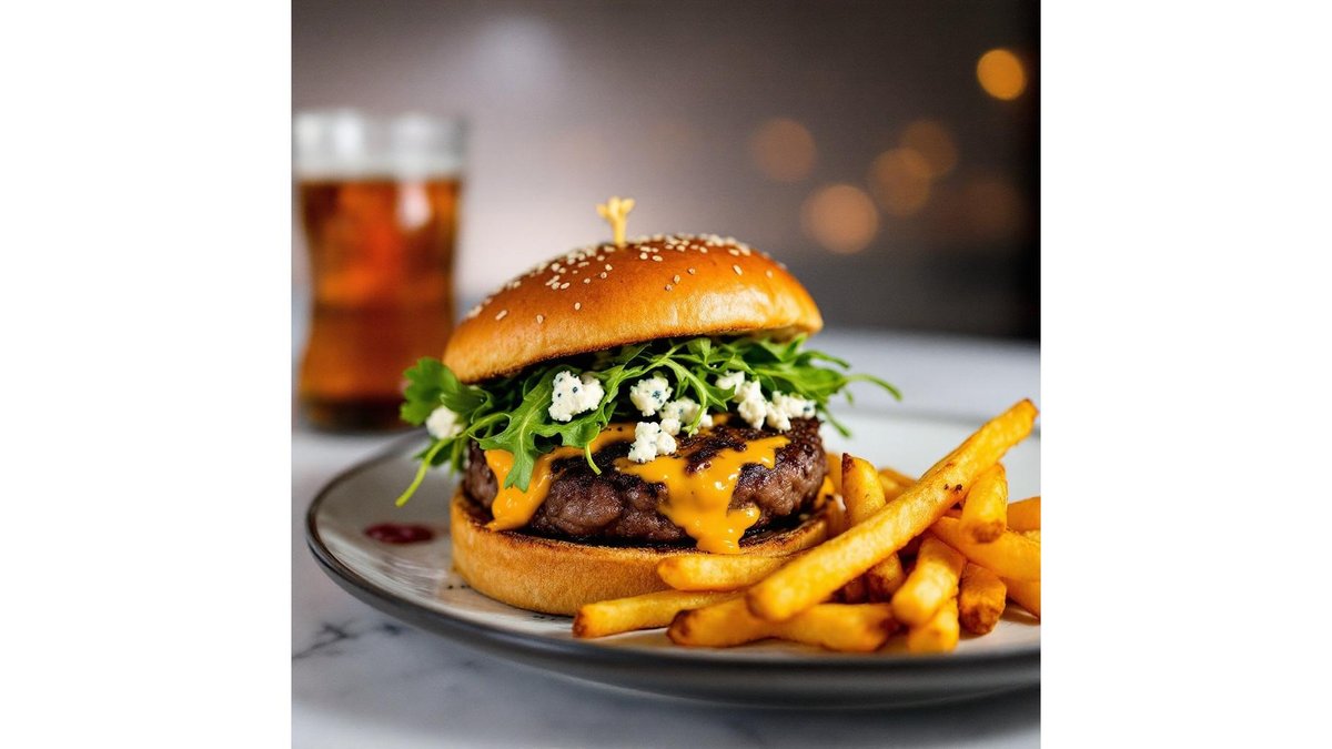 Burger Cheese-Me servit cu cartofi prăjiți