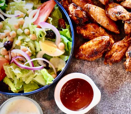 8 Wings, Garden Fresh Salad and 2 Dips