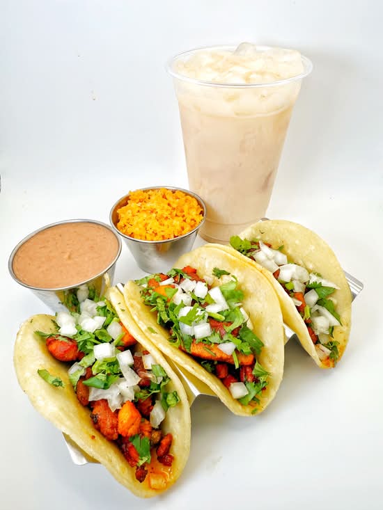 3 TACOS RICE BEANS and HORCHATA AGUA FRESCA