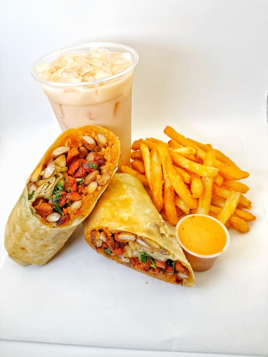 BURRITO FRIES SPOT SAUCE AND HORCHATA AGUA FRESCA