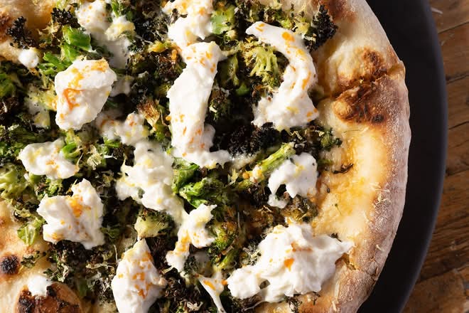 Charred Broccoli and Burrata Pizza
