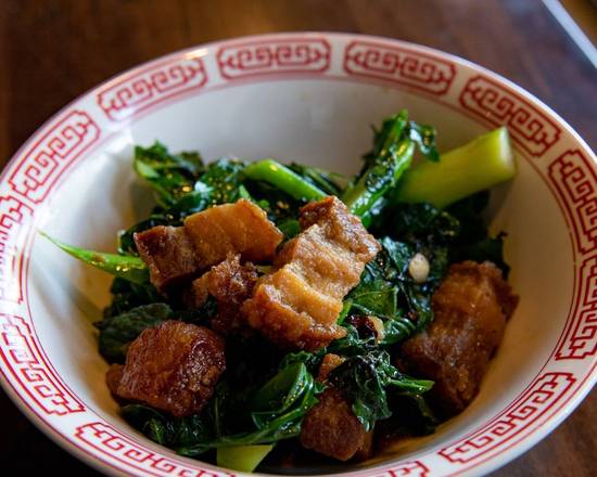Crispy Pork Belly w/ Chinese Broccoli and Roasted Red Chili (Over Rice)