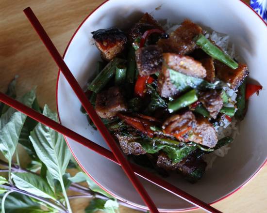 Crispy Pork Belly w/ Spicy Chili Holly Basil (Over Rice)