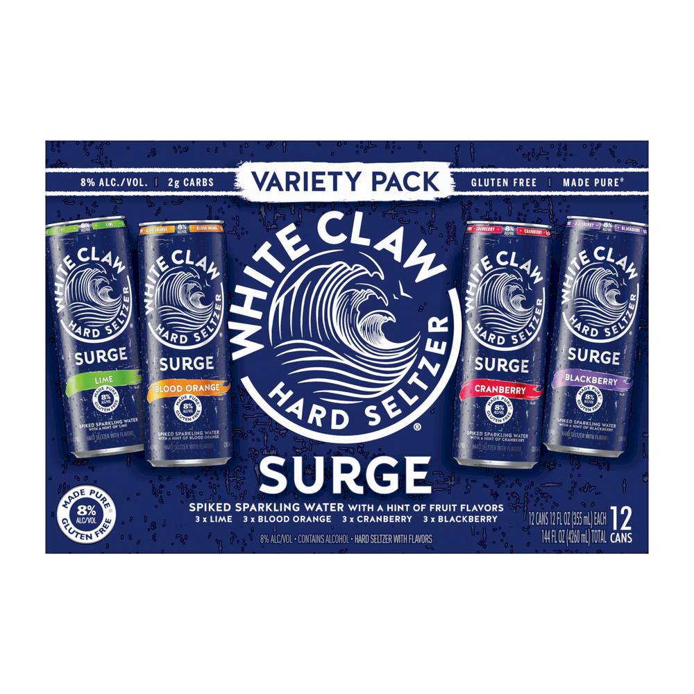 White Claw Surge Hard Seltzer Variety pack, Lime-Blood Orange-Cranberry-Blackberry (12 x 12 fl oz)