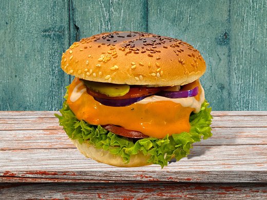 Veganio's burger with cheese sauce (1,5,6,11)