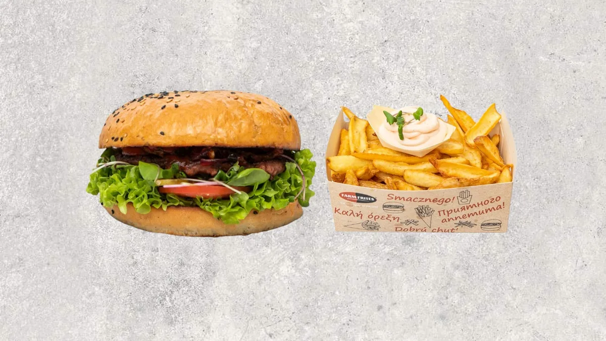 Vegánsky Gazda burger + hranolky