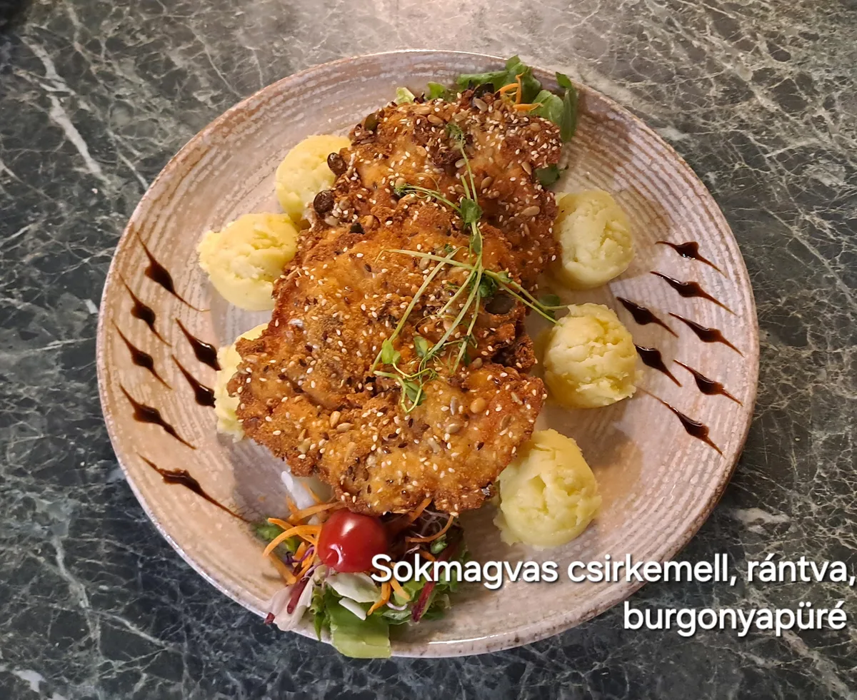 Sokmagos csirkemell rántva, burgonyapürével