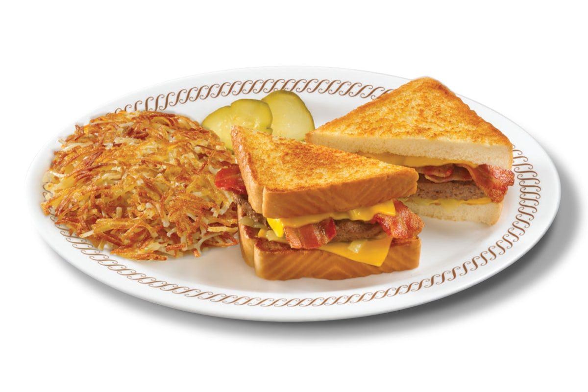 TEXAS BACON PATTY MELT with HASHBROWNS