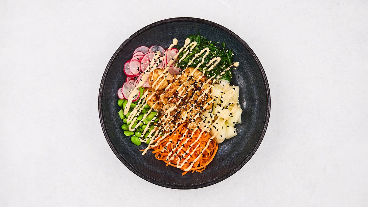 sushi bowls s krevetami + teriyaki vegan majonéza