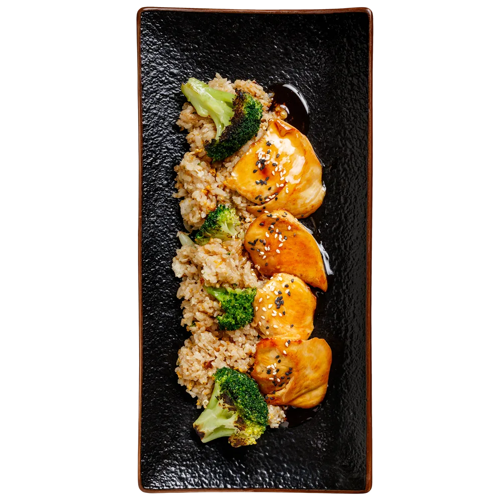 Brokkolis tojásos rizs teriyaki lazaccal