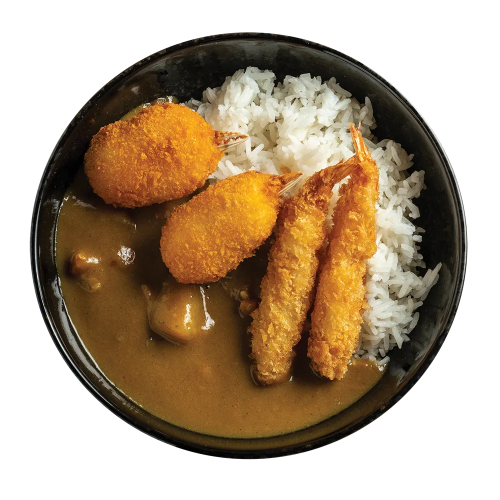 Japán curry párolt rizzsel és bundázott rák válogatással, daikon salátával