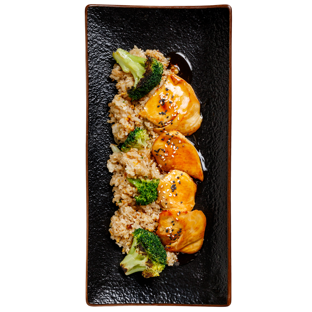 Brokkolis tojásos rizs teriyaki lazaccal