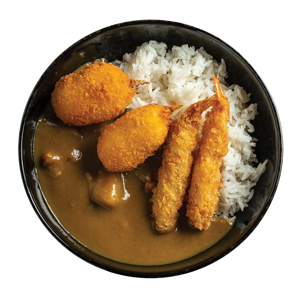 Japán curry párolt rizzsel és bundázott rák válogatással, daikon salátával