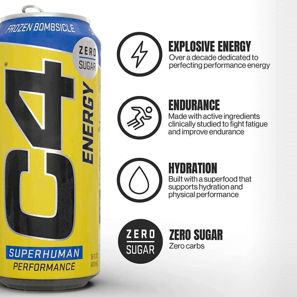 C4 Energy Zero Sugar Super Human Performance Energy Drink, Frozen Bombsicle (16 fl oz)