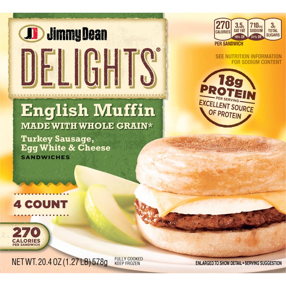 Jimmy Dean Delights English Muffin Breakfast Sandwiches with Turkey Sausage, Egg White, and Cheese, Frozen