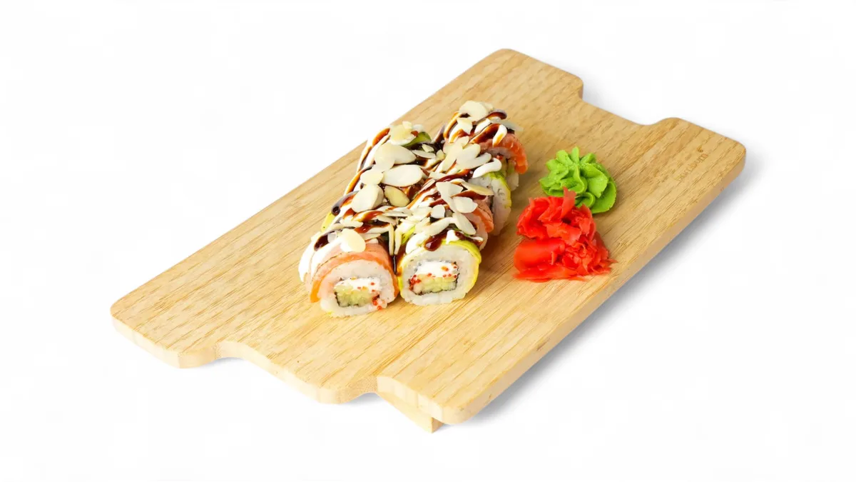 Roll with seared salmon and almonds