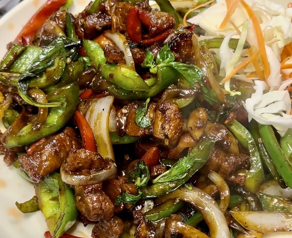 102. Spicy Basil Leaves with Crispy Pork Belly
